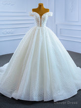 White Ball Gown Tulle Pearls Crystal Wedding Dress